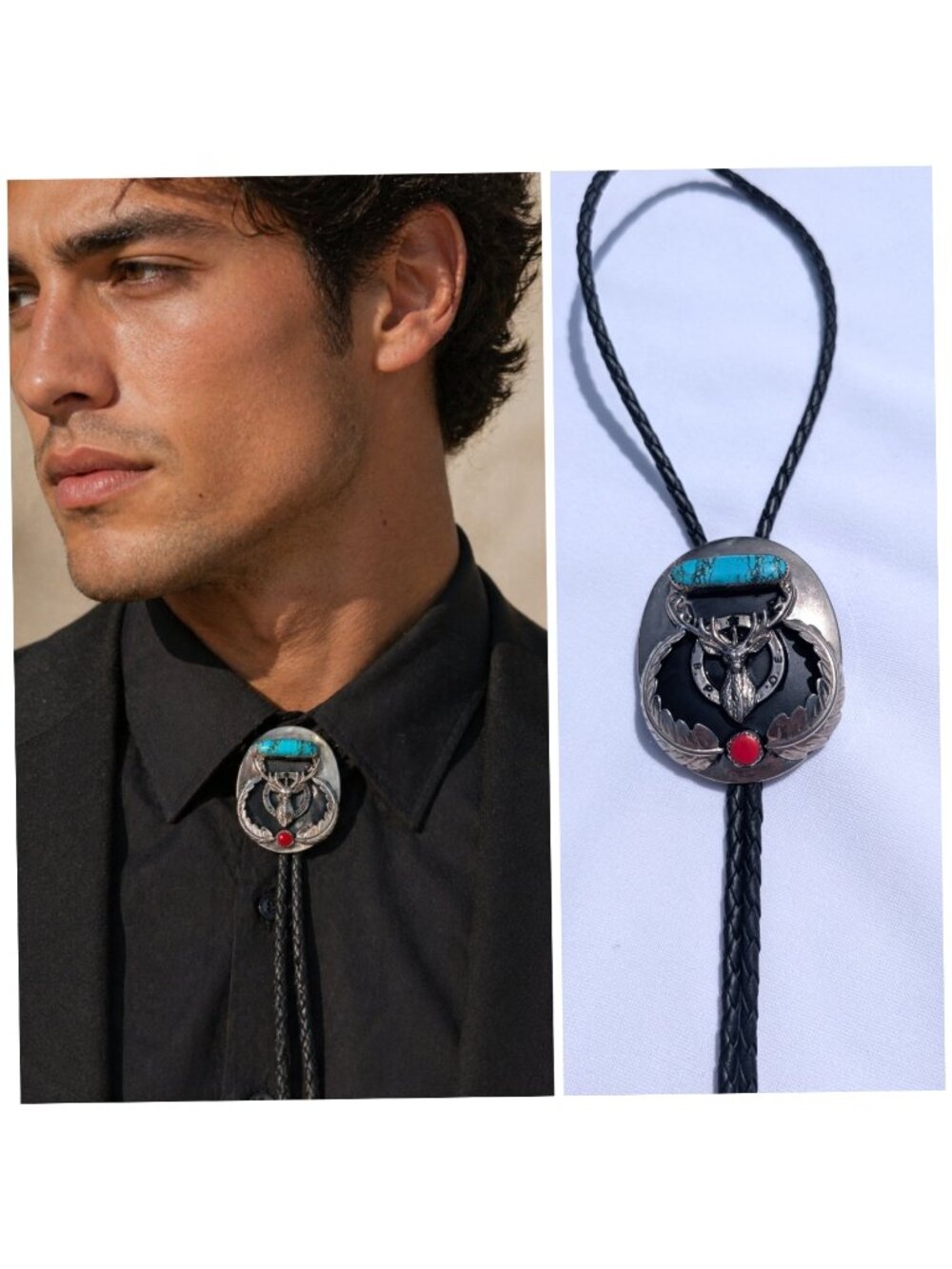 Native American Turquoise Coral Bolo Tie B.P.O.E. Elks Sterling Silver & Nickel